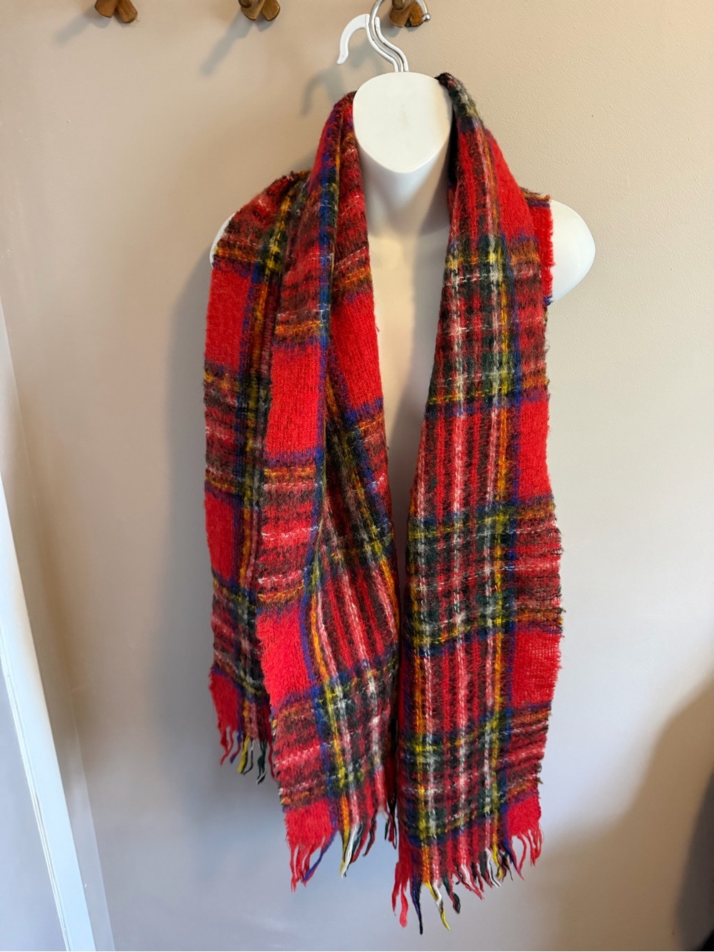 Glentana Vintage Wool Mohair Blend Plaid Wrap Scarf Scotland Red Yellow OS
